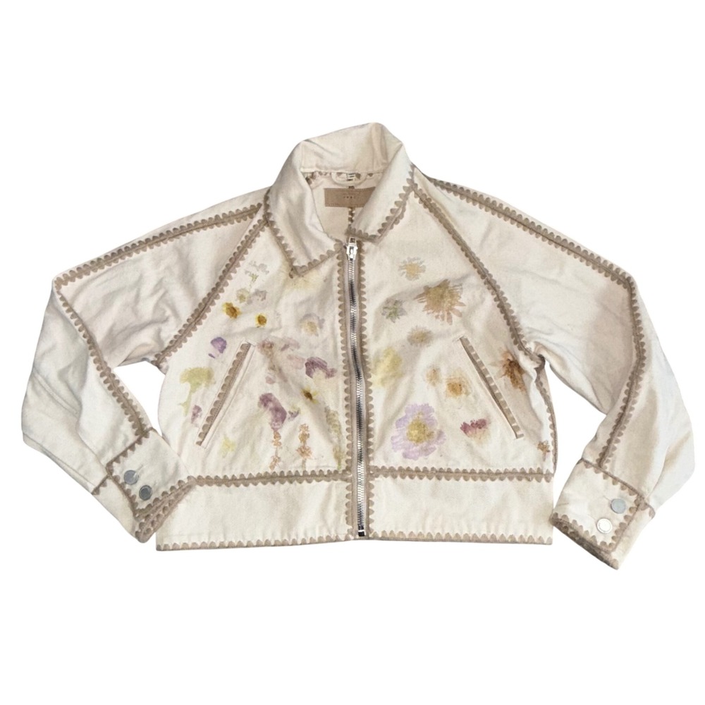 BLANKNYC Floral Rickrack Denim Jacket Womens S Cream Excellent Botanical Zip